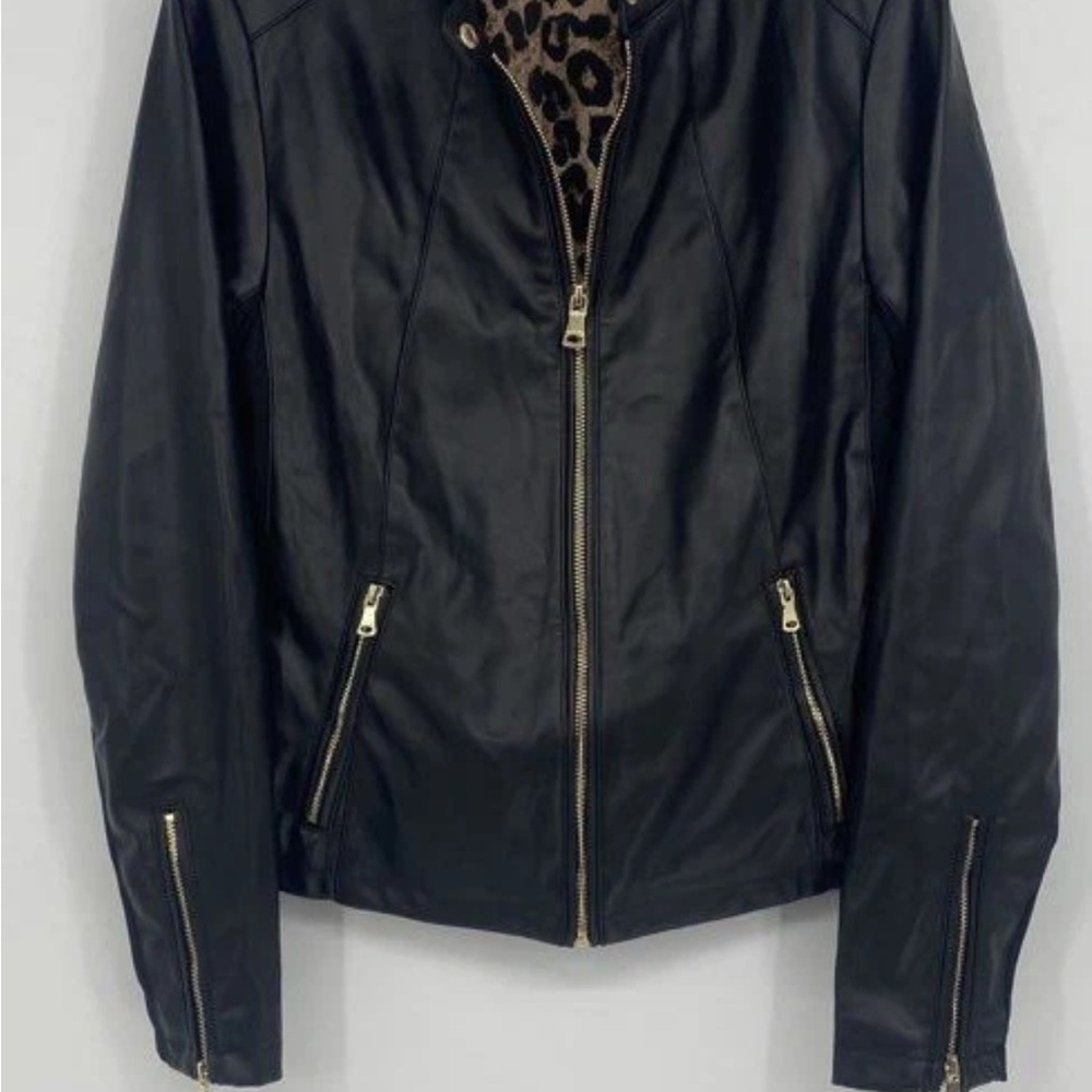 Calvin Klein Black Leather Jacket with Leopard Lining